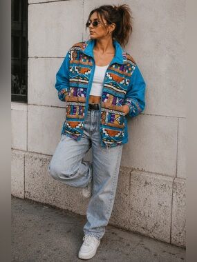 Lady Lavon VTG Retro 80s Turquoise Southwestern Print Windbreaker Jacket Size 1X